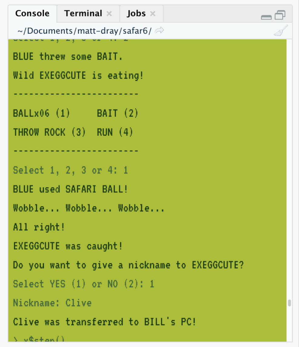 Screenshot of Rstudio showing only the console pane with green text and background, showing text that describes an encounter with a Pokemon.