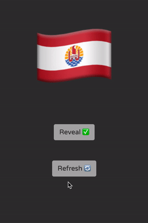 An animation showing a flag whose nation is revealed by clicking a 'reveal' button and a new flag is presented by pressing a 'refresh' button.