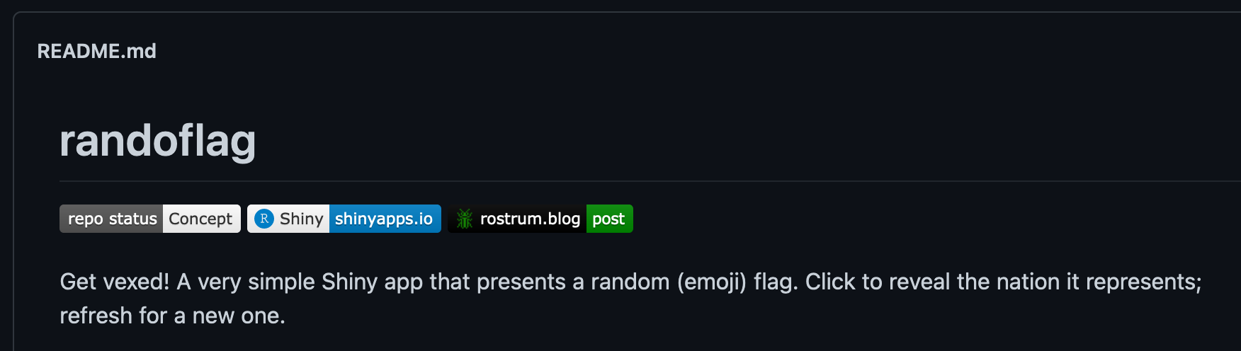 A GitHub repo showing some README badge, including one that has an RStudio logo and says 'shiny' on one half and 'shinyapps.io' on the other half.
