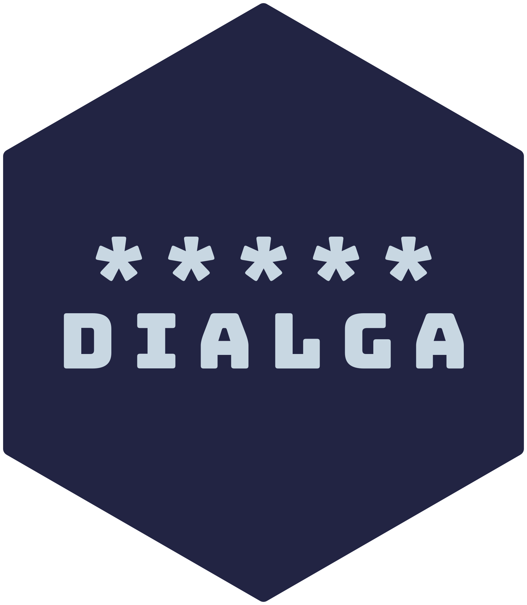 Hexagonal logo for the dialga package showing the package name underneath the five asterisks of a cron string that represents an 'every minute' schedule.