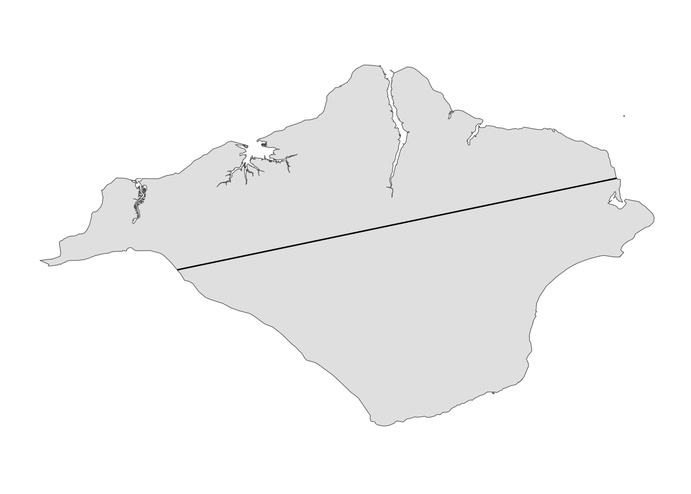 A simple map of the Isle of Wight, UK, with a line drawn from the east to west coasts, passing roughly throught the middle.
