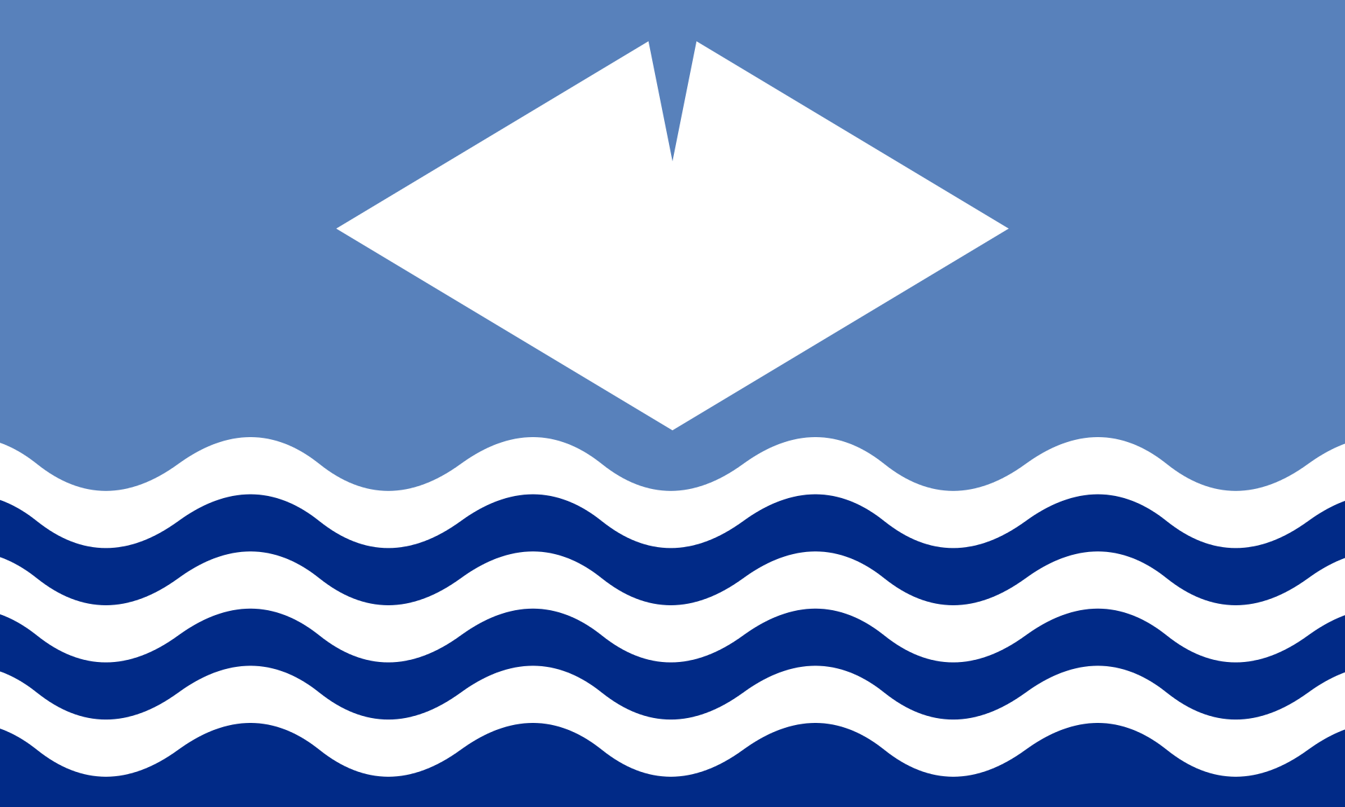 The flag of the Isle of White. The lower half is dark blue and white alternating wavy lines to indicate the sea The upper half is light blue with a white geometric shape to represent the island, which is a diamond with a triangular portion cut from the uppermost corner.