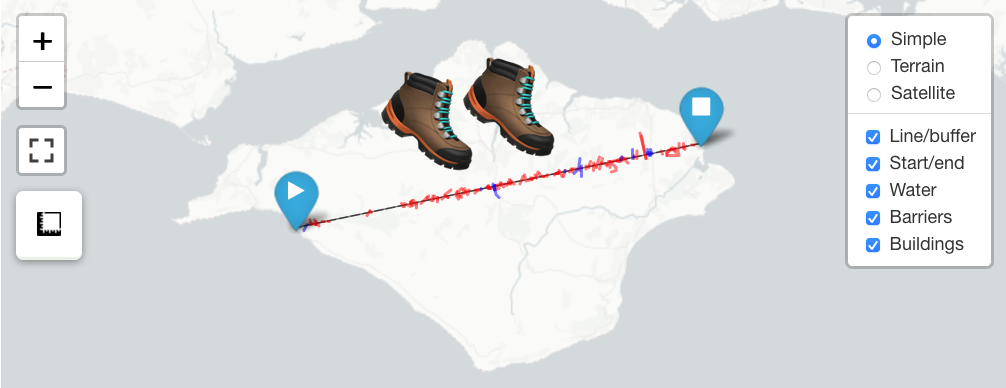 A preview of an interactive map showing the Isle of Wight, UK, with a straight line across it. The start and endpoints are marked and there are coloured lines crossing the straight line. There are panels with options to turn on and off map layers and zoom in. Two large emoji boots are shown above the line.