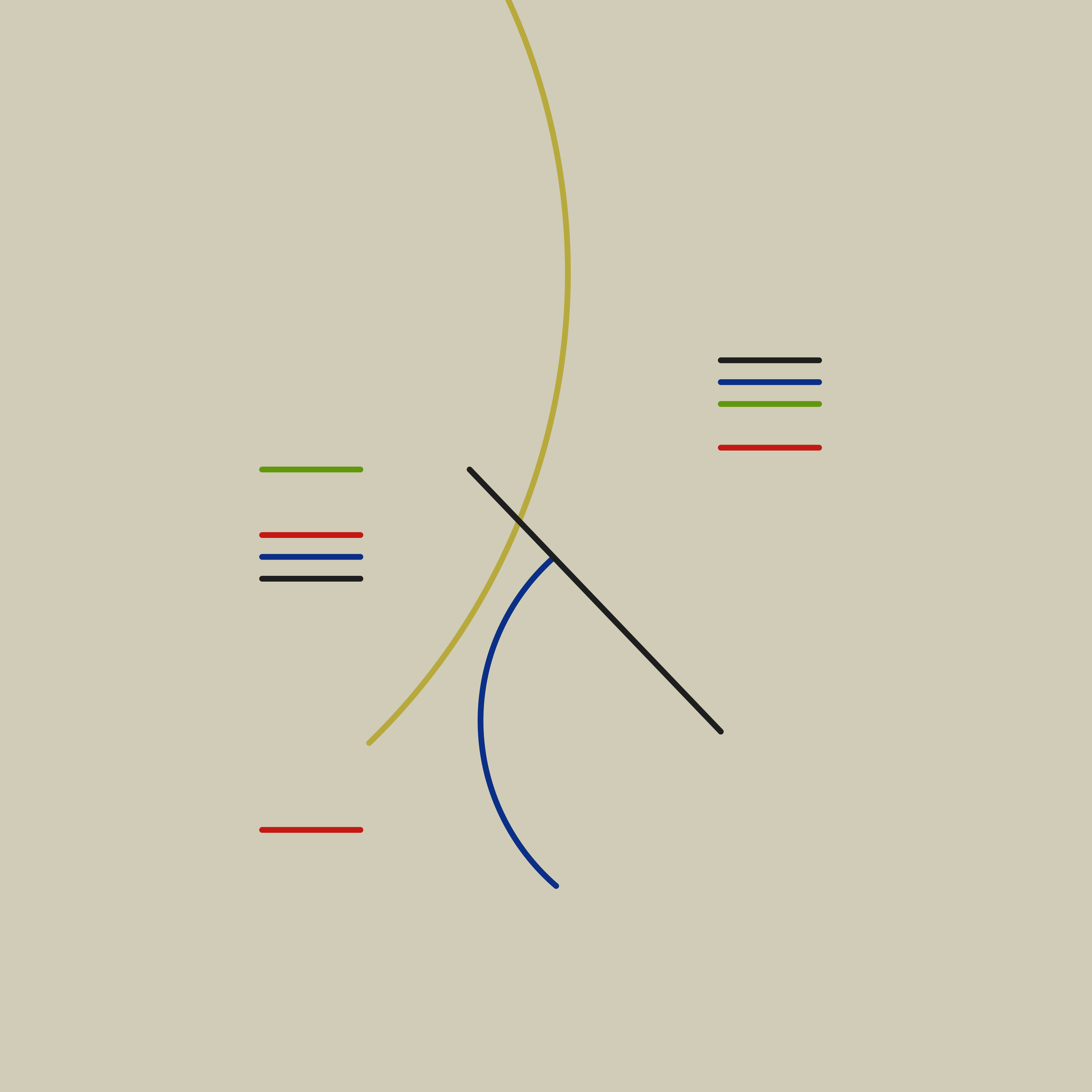 A recreation of Curves and Straight Lines (1948) by Alfred Hlito, which is an oil painting of colorful geometric lines on a cream background. Starting at the top of the painting in the middle there is a dark yellow curve. Intersecting it in the center of the painting is a black line at a 45 degree angle and a dark blue curve. In the top right of the center area there are short horizontal black blue green and red lines. In the top left of the center area are horizontal green red blue and black lines. In the bottom left of the center there is a short horizontal red line.