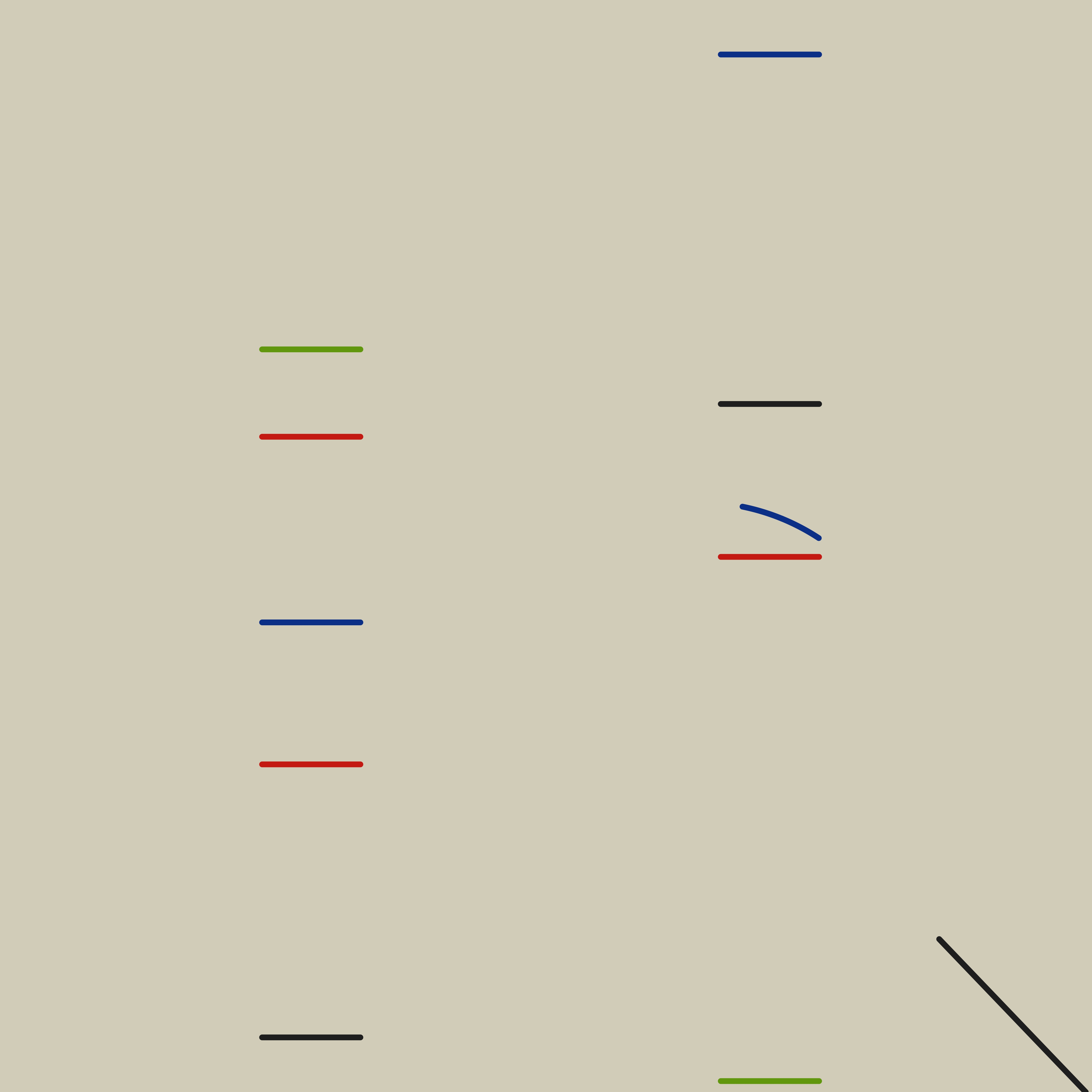 A recreation of Curves and Straight Lines (1948) by Alfred Hlito. This version is an animated gif where each frame is a new veresion of Hlito's original with randomisation that varies the length and placement of the elements: a horizontal black stripe, several short horizontal lines of various colours and two circles, one blue, one dark yellow; all on a cream background.