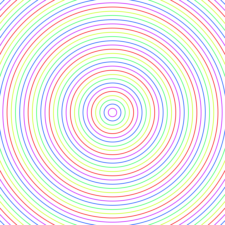 Concentric circles coloured consecutively with colours of the rainbow.