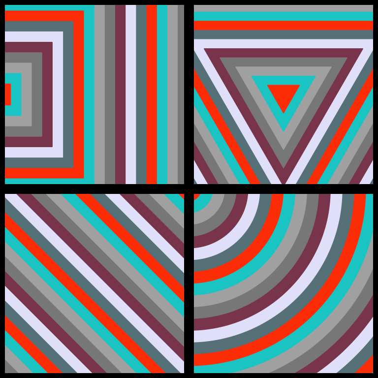 A square image containing four panels in a two by two grid. Each panel contains concentric patterns of squares, triangles or circles with an alternating randomised colour palette. Each panel has a thick black border around it.