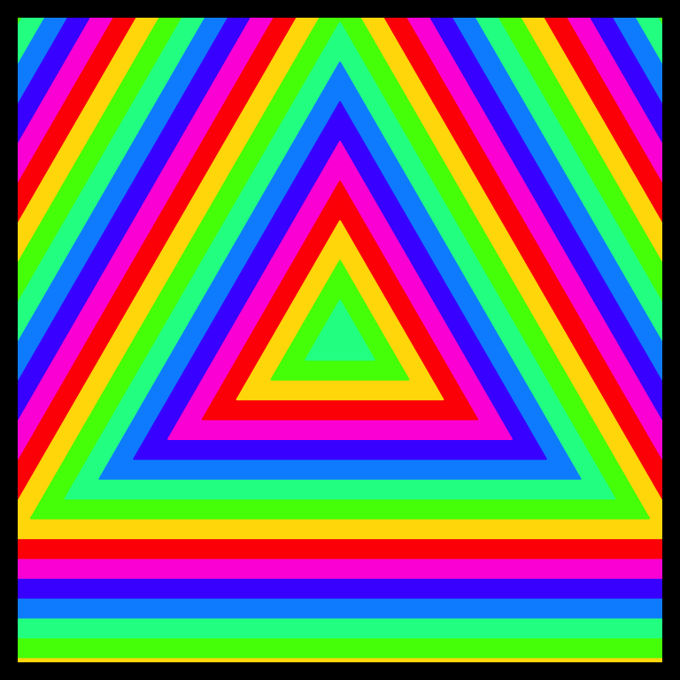 A square image with a black border that contains concentric triangles coloured consecutively with rainbow colours.