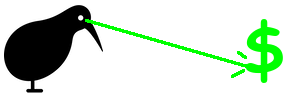 A simple silhouette of a kiwi bird. A bright green laser shines from its eye. It is inscribing a bright green dollar symbol with the laser.