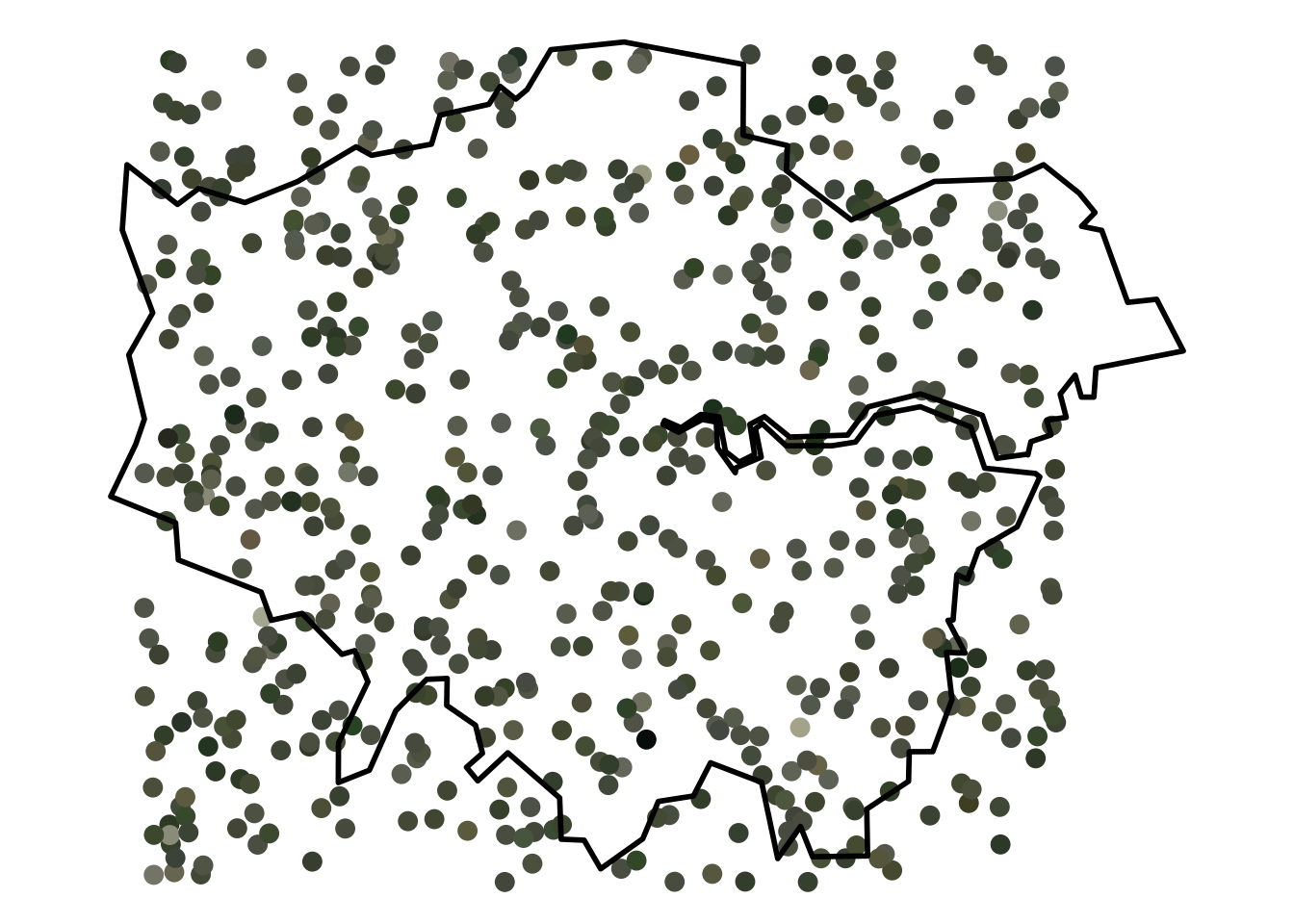 Random points are arranged over a simplified boundary of greater London. Each point represents the location for which the londonmapbot Twitter accoutn tweeted a satellite image. The points are various shades of green through grey, with the colour representing the image via a process of quantization.