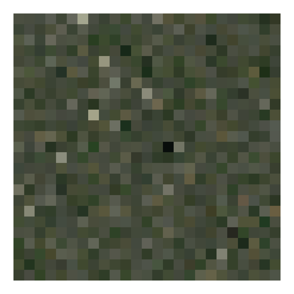 A 25 by 25 grid of squares, each of which represents a random satellite image of Greater London that's been quantized to show one representative colour. This has resulted in various shades of grey, green and cream, depending on factors like urbanness and green space in the original satellite image. The arrangement of colours appears to be random.