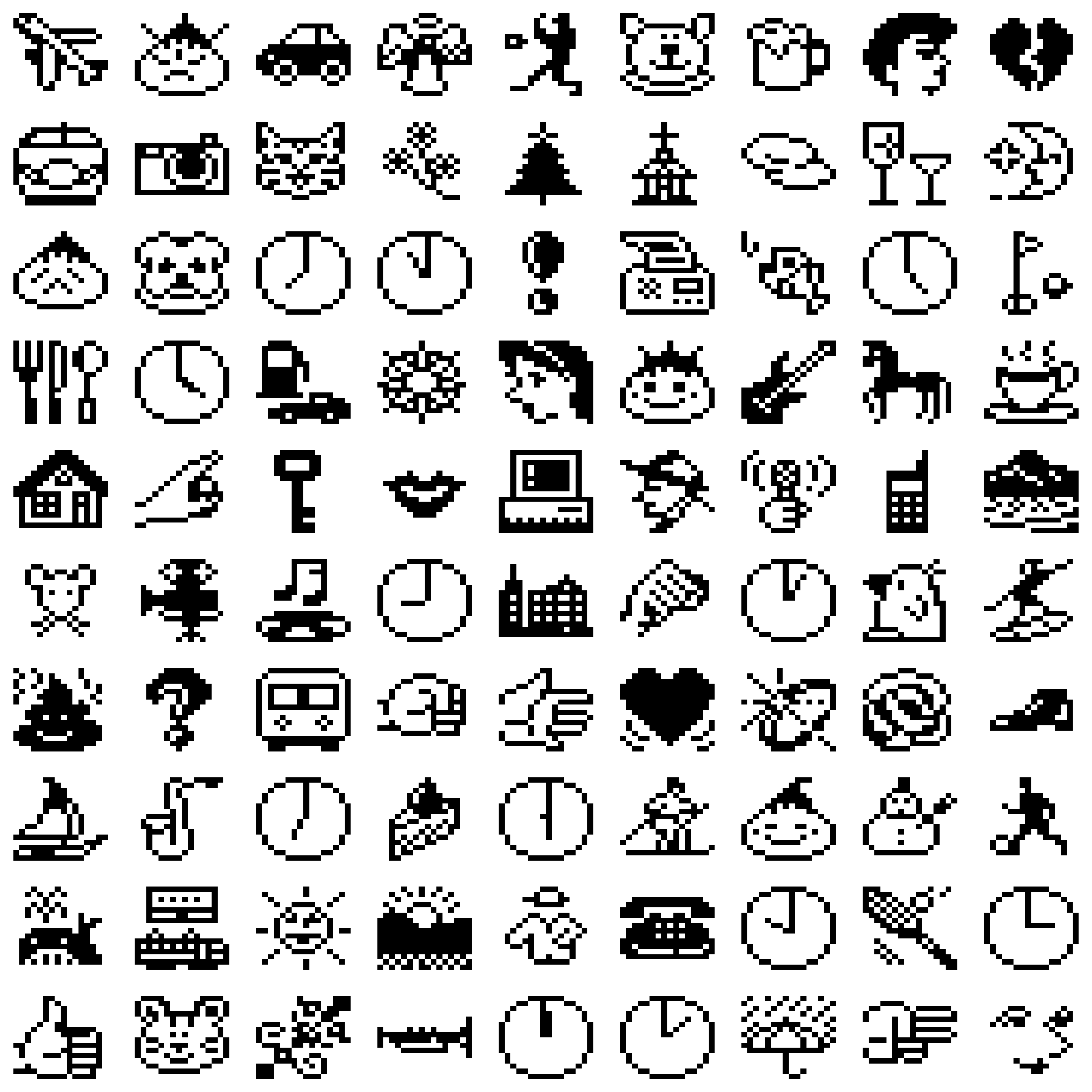A 10 by 9 grid of black-and-white pixelated emoji from the original 1997 SoftBank set.