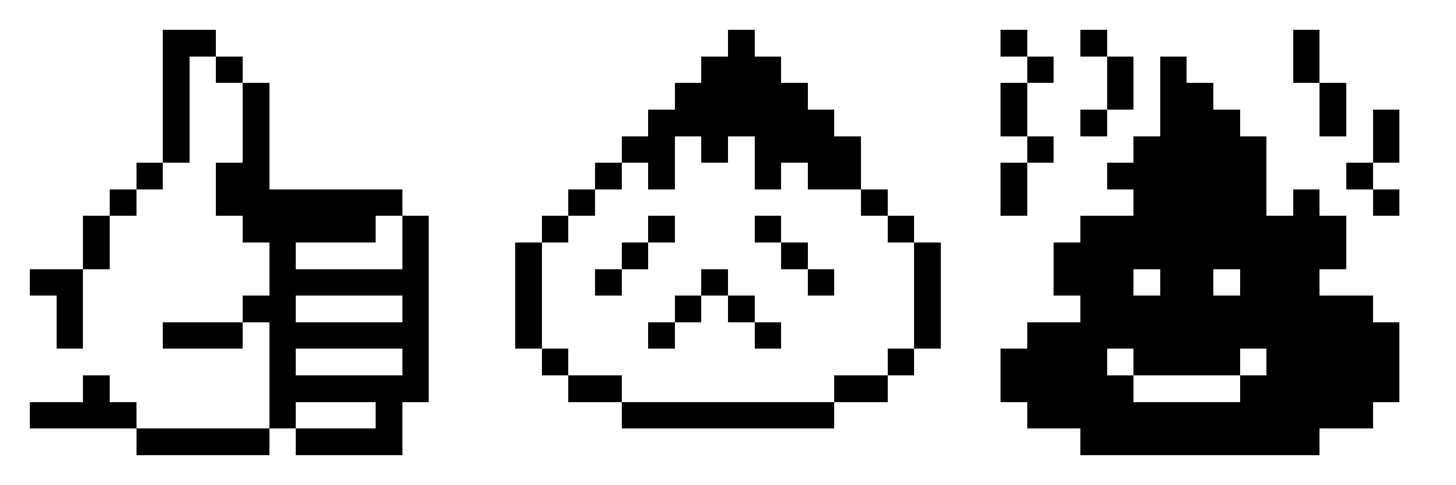 Three black-and-white pixelated emoji from the original 1997 SoftBank set. From left-to-right they are a thumbs-up, a disappointed face and a smiling poo.