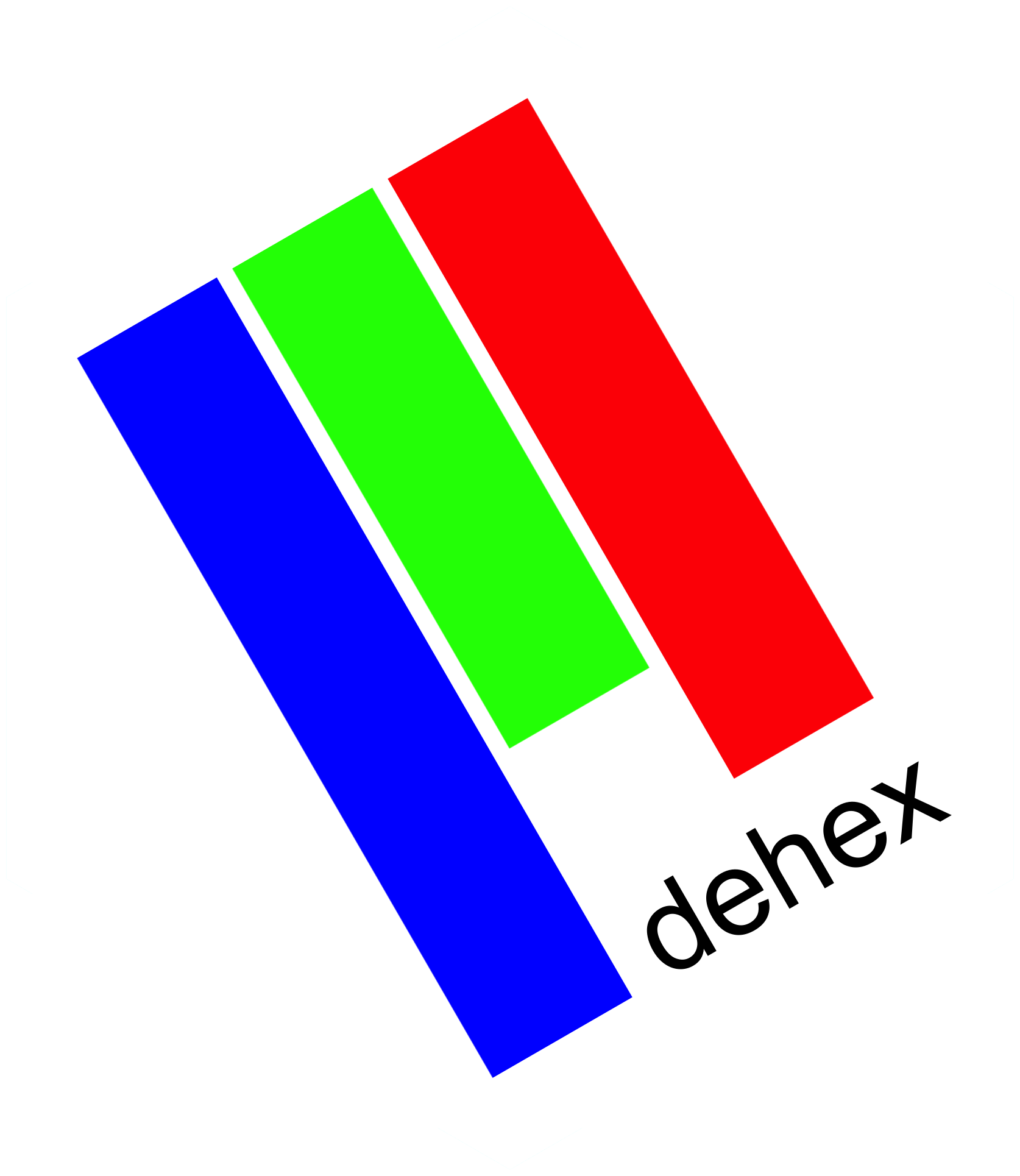 A hexagon-shaped logo with the text 'dehex' in the lower right and a bar chart with a single red, green and blue bar that originates in the top left.