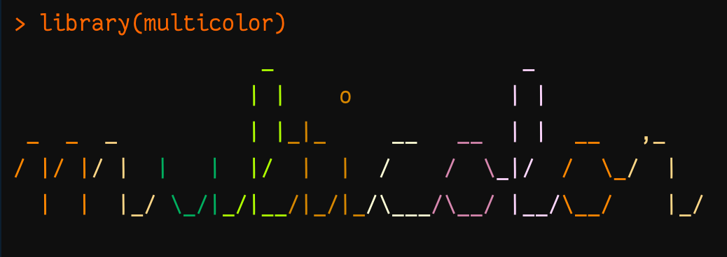 A screenshot of the R console showing the output from when the multicolor package is attached. It's cursive ASCII-art text of the package name, coloured with random colours.