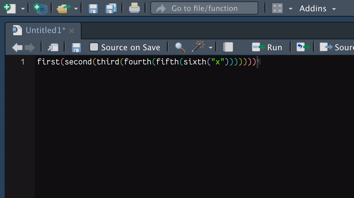 Six nested functions in an RStudio script pane are highlighted and then an addin from the RStudio Addins menu is used, called 'add closing paren labels'. It breaks open the functions across several lines and adds labels after each closing bracket with the name of the function that it closes.