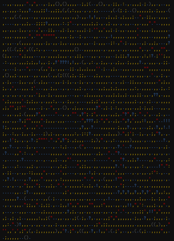 A screenshot of the R console in RStudio showing a large number of printed punctuation characters with linebreaks every 70 characters and with each punctuation mark coloured differently.