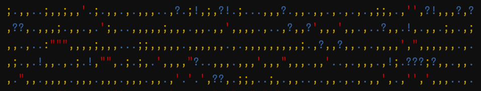 A screenshot of the R console in RStudio showing a large number of printed punctuation characters with linebreaks every 70 characters and with each punctuation mark coloured differently.