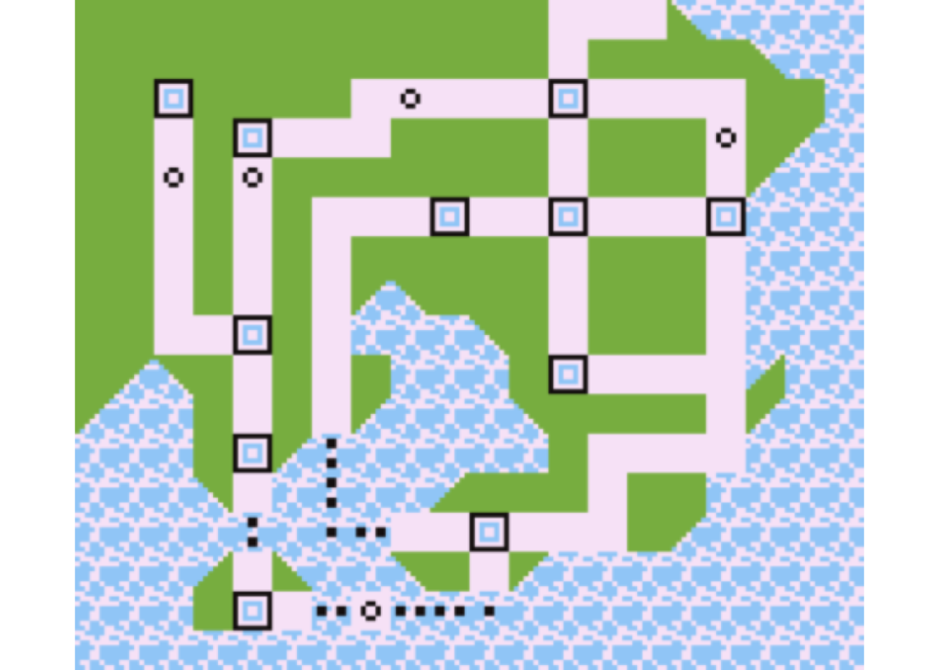 The simple, blocky Kanto town map from the original Pokemon game. Squares represent cities, circles are other points of interest, and there are routes connecting them. The location shows both land and sea.