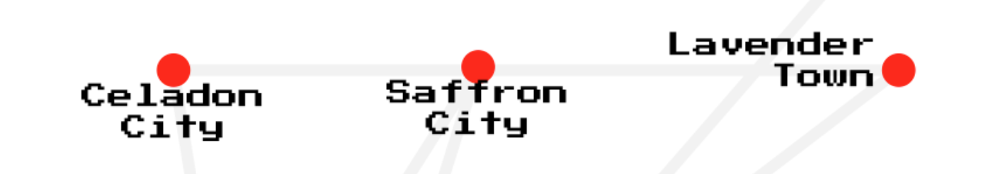 Three red points on a map labelled with names from the original Pokemon game for GameBoy: Celadon City, Saffron City and Lavender Town. Light grey lines connect the points and to other points offscreen. 