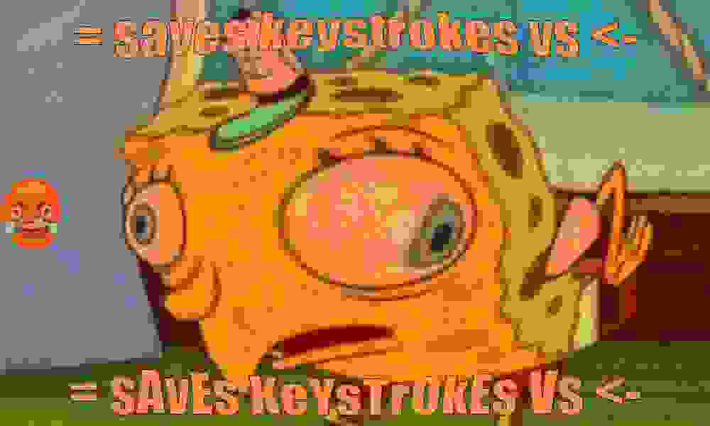 A deep-fried meme image, which has been compressed, has an orange tint and includes a cry-laugh emoji. It is more compressed than the image above. The meme is of sarcastic Spongebob, with the same text on the top and bottom, but the lower text has alternating case. It says 'equals-sign saves keystrokes versus assignment-arrow'.