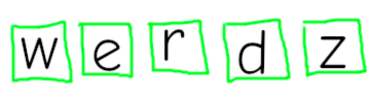 Five green squares containing the letters w, e, r, d and z in fancy comic sans.