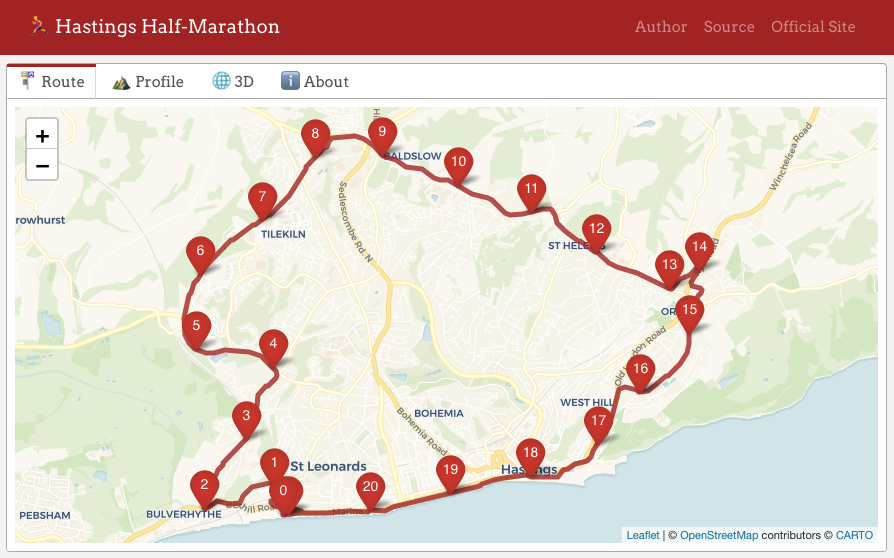 Webpage titled Hastings Half Marathon. There's a map showing a circular course with numbered markers along the length.