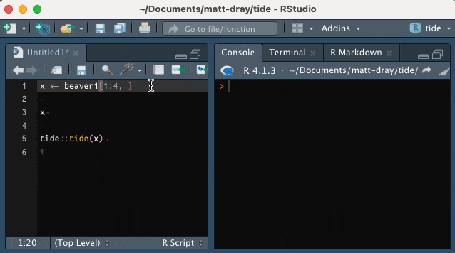 Screencast of the tide function from the tide package being used on a dataframe in RStudio. An editor window opens and a couple of values are adjusted. The updated dataframe is then shown in the console with the message 'Code copied to clipboard'. The generated code is then pasted into the console, showing the values that need to be overwritten by their indices in the original dataframe to reproduce the change.