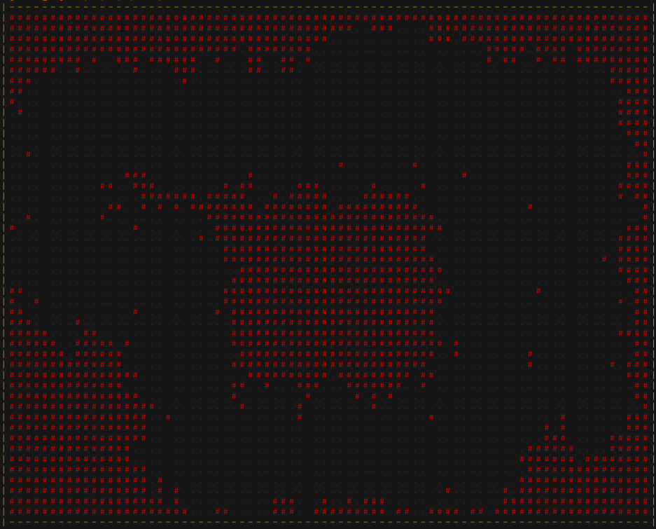 A dungeonlike map made from ASCII characters. Cave tiles are marked with a period and are black. Rock wall tiles are marked with red hashmarks. The outer boundary wall is made of yellow hyphens and pipe symbols. The cave is a big circle, connected around a single, central mass of rock.