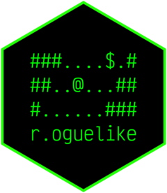 Hex sticker design for the 'r.oguelike' R package. Black background with bright green font, reminiscent of old computer terminal output. In the centre, a three-by-ten arrangement of hashmarks and periods, along with a single at symbol and dollar sign, which looks like a classic ACII tile-based roguelike game. The text 'r.oguelike' is underneath.