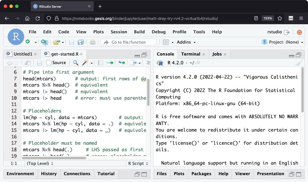 Screenshot of RStudio in a browser window. The script pane shows some use of the base pipe syntax. The console shows the R startup message, including that it is version 4.2.
