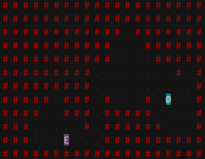 Animation of an R console, showing a rectangular grid of tiles that represents a dungeon room. Floor tiles are periods. Surrounding walls are hashmarks. There's an enemy character represented by a letter 'E' in the lower left, and a player character represented by an 'at' symbol toward the right. There's some obstacle walls separating them. The enemy character moves tile by tile around the obstacle until it reaches the player.