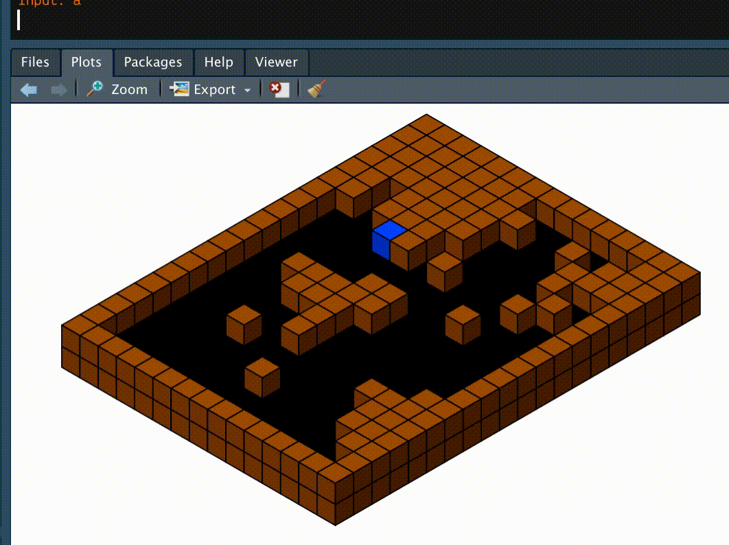 Gif of a procedural dungeon in RStudio, which is composed of isometric cubes. The bottom cube layer represents the floor. The top layer is composed of brown 'wall' cubes. Gaps in the second layer expose the black floor cubes beneath. The result is an enclosed cavern-like space. A blue 'player' cube is controlled by inputs to the console: W, A, S and D keypresses move it up, left, down and right.
