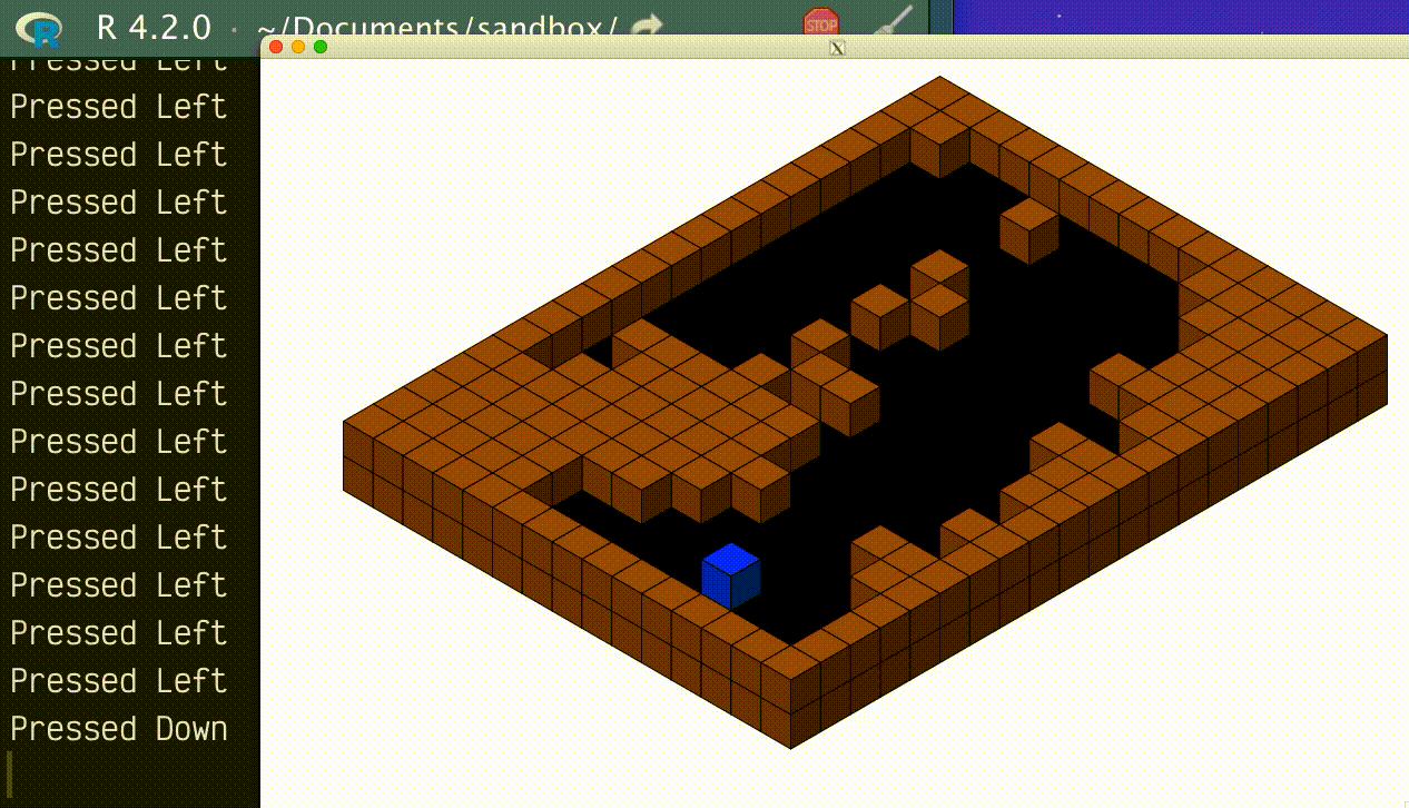 Gif of an R graphics window showing a dungeon space made of isometric cubes. A user is controlling the movement of a blue cube around the black floor within the brown walls. The latest input is shown in the console as 'pressed left', etc.