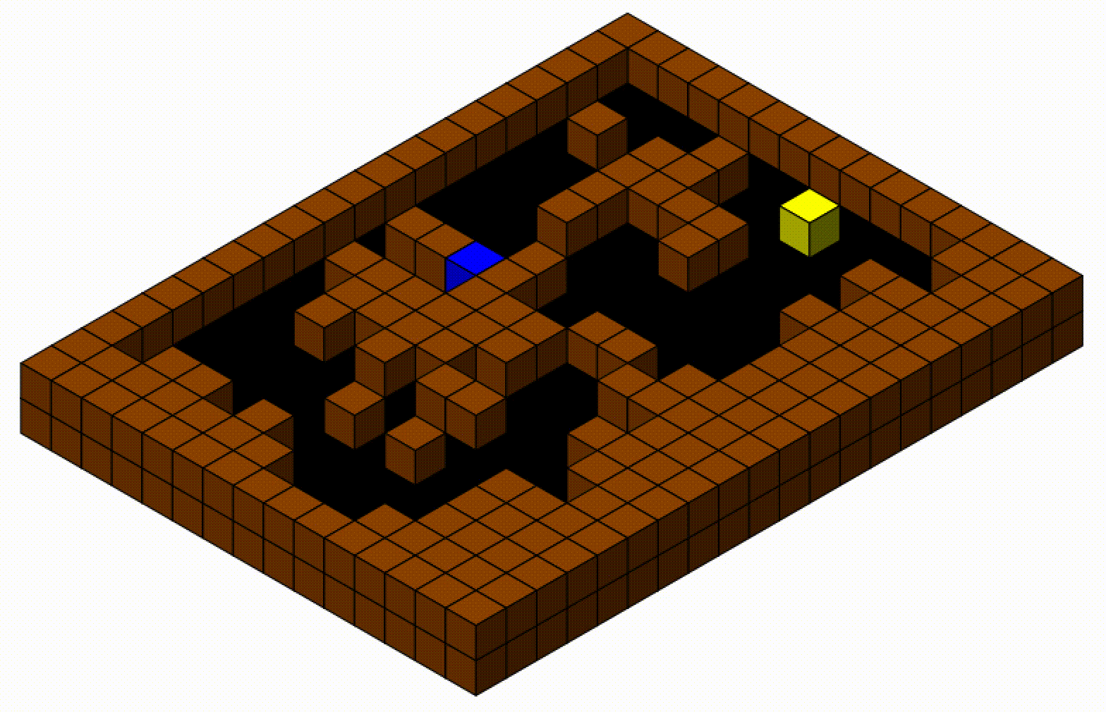 Gif of an R graphics window showing a tiled dungeon space made of isometric cubes. A user is controlling the movement of a blue cube around the black floor within the brown walls. A yellow cube chases the player around, narrowing the distance over time. When the enemy and player inhabit the same tile, they fuse to become a green cube that moves around as a single entity.