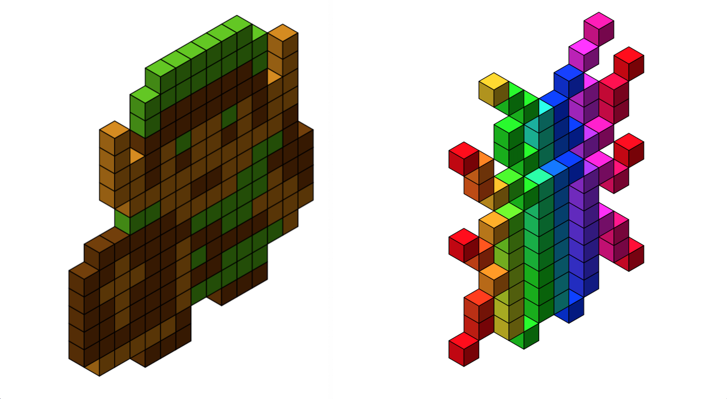 Two images side-by-side. A sprite of Link from the Legend of Zelda on the NES, rendered with isometric cubes thanks to the 'isocubes' R package. A pixelated image of an insect—the logo of rostrum.blog—rendered with isometric cubes, thanks to the 'isocube' package. The cubes are rainbow-coloured from left to right.