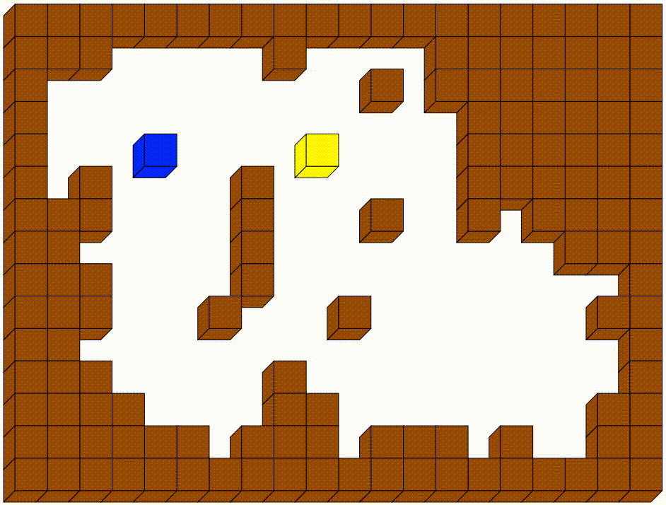 A procedurally-generated tile-based dungeon room, made of obliquely-projected cubes. Walls are brown cubes of height one, floors are white. A player-controlled cube (blue) is chased and captured by a pathfinding enemy cube (yellow).