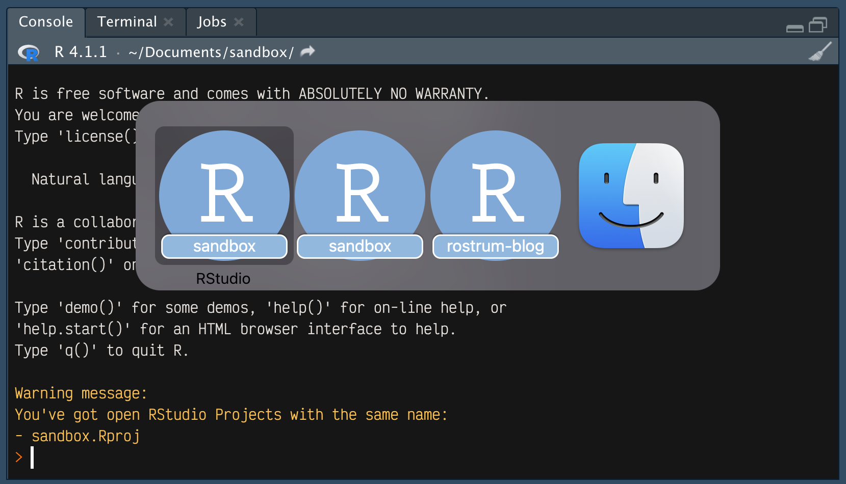 An RStudio console on startup. After the usual R startup text it says 'Warning message: You've got open RStudio Projects with the same name' followed by a bullet point that says 'sandbox.Rproj'. Overlaid is the macOS item switcher showing that there are indeed two RStudio instances open with that name.