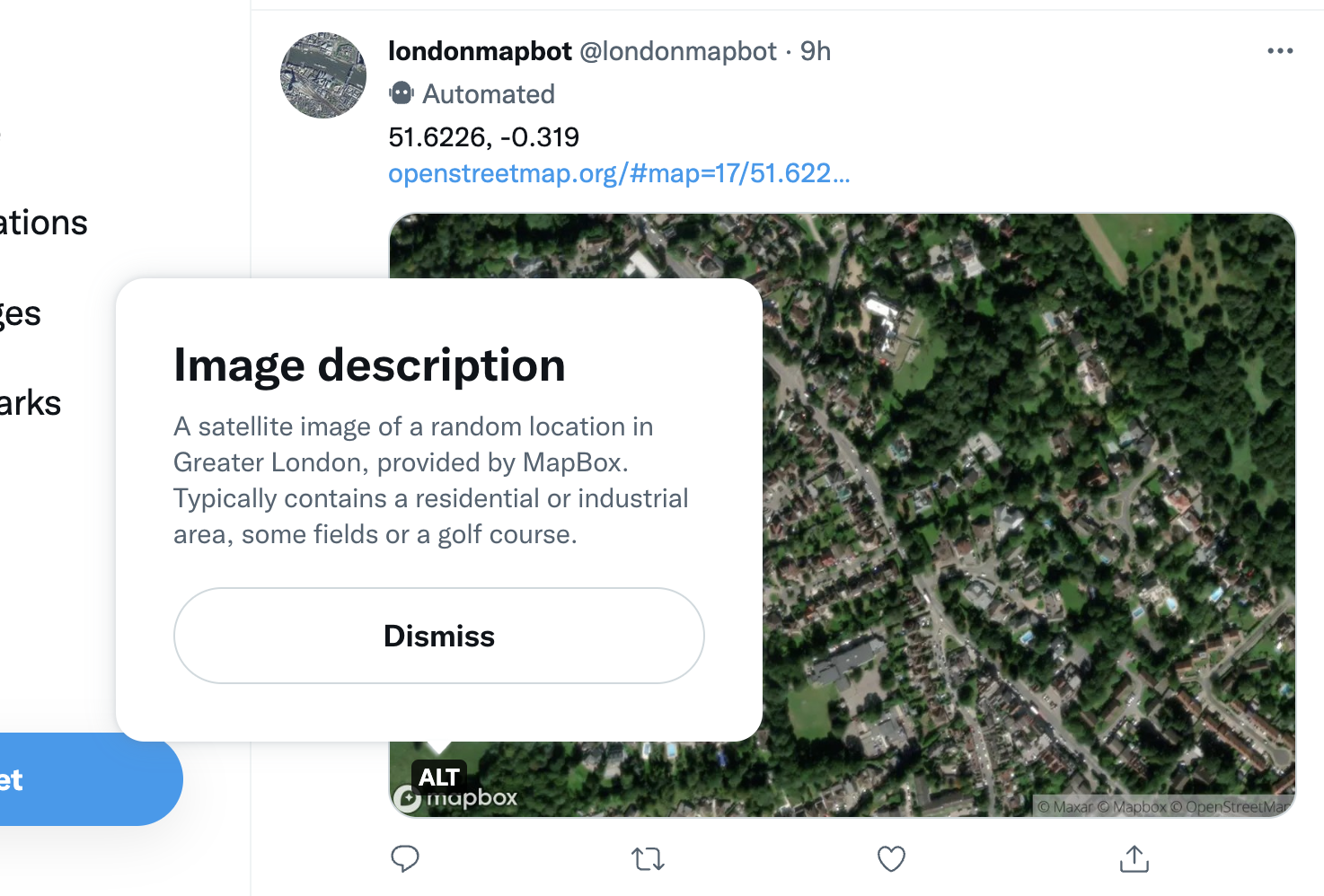 Screenshot of a tweet by the londonmapbot account showing a satellite image of Greater London. The 'alt' button has been clicked, revealing a pop-up with some text that reads 'A satellite image of a random location in Greater London, provided by MapBox. Typically contains a residential or industrial area, some fields or a golf course'.