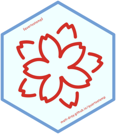 Hex logo for the quartostamp package. Blue outline. Red 'flower stamp' emoji in the centre. It says 'quartostamp' in the top left and the URL matt-dray.github.io/quartostamp in the lower right, both in red text.