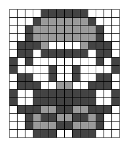 A 14 by 16 pixel grid with a three-toned sprite of the main character from the first generation of Pokemon games for the Game Boy.
