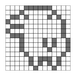 A 14 by 14 pixel grid with a two-toned sprite of a pet character from the original 90s Tamagotchi pets.