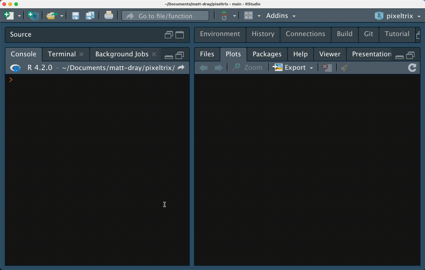 Gif of RStudio window. The console is running the code pixeltrix::click_pixels(6, 7, 3) and a plot appears with a 6 by 7 square grid. Some squares are clicked, changing them to light grey. A second click turns them dark grey. Eventually a little square character with a face is created. A matrix encoded the image is shown in the console when the escape key is pressed.
