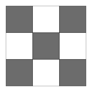 A 3 by 3 square panel grid with darker squares in an x-shaped pattern.