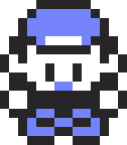 A 14 by 16 pixel grid with a sprite of the main character from the first generation of Pokemon games for the Game Boy. The background is white, the outlines are dark grey and the highlights are light blue.