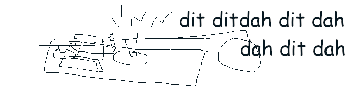 Crudely drawn lineart of a Morse Code tapping machine with text saying 'dit' and 'dah' above it.