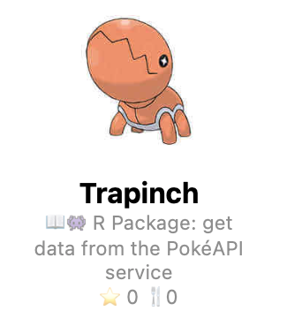 A screenshot of a portion of the Repokémon webpage. It's an image of the Pokémon called trapinch. Underneath is its name and then the blurb, fork- and star-count for the matt-dray/trapinch GitHub repository.