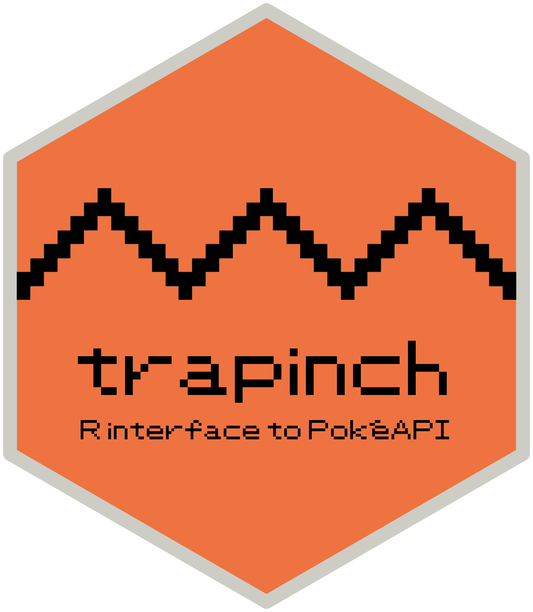 Hex sticker design for the 'trapinch' R package. An orange background and grey border are sampled from the official art of the Pokémon trapinch. A pixellated black zig-zag goes left-to-right above centre to represent the Pokémon trapinch's distinctive mouth. A pixellated font says 'trapinch' in the font used for the original Pokémon Game Boy games and underneath it says 'R interface to PokéAPI'.