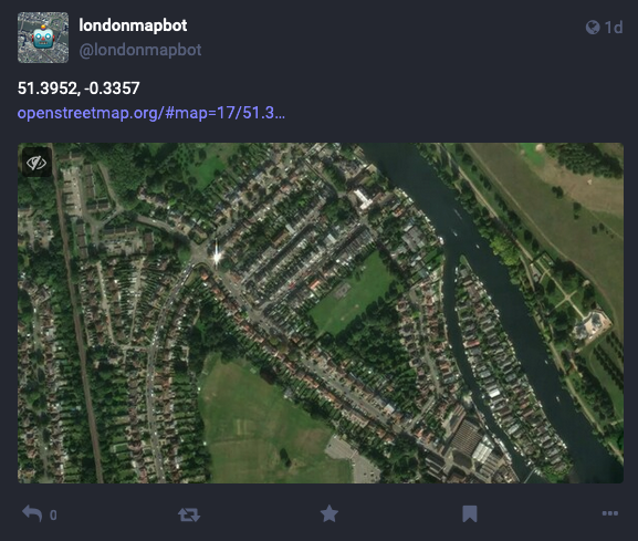 Example of a toot on Mastodon from the londonmapbot account. The image is an aerial image of London. The text provides the latitude and longitude of the centre of the image and also an OpenStreetMap link.