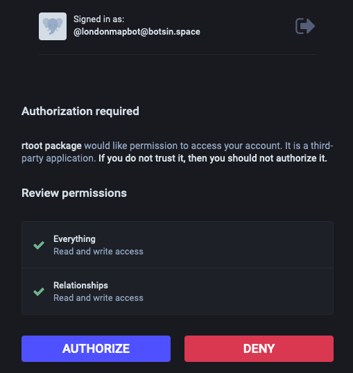 A prompt on the Mastodon website that asks the user to provide authorisation for the rtoot package to have permission for read and write access. There's a big blue button that says 'authorise' and a big red one that says 'deny'.
